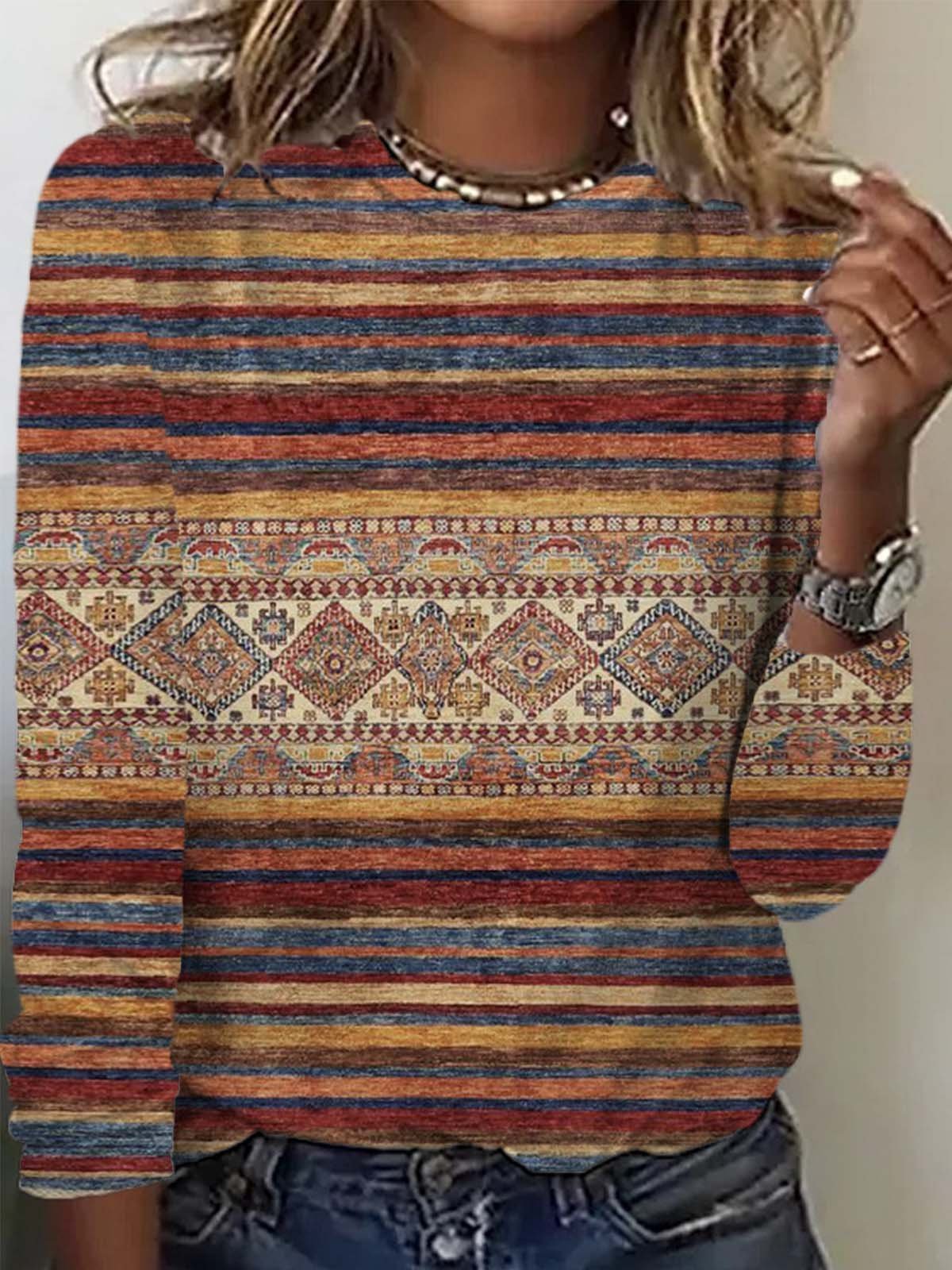 Long Sleeve Crew Neck Ethnic Casual Regular T-Shirt
