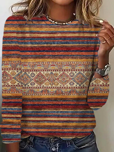 Long Sleeve Crew Neck Ethnic Casual Regular T-Shirt
