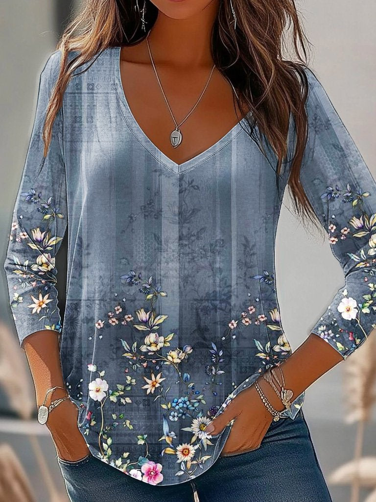 Long Sleeve V Neck Floral Casual Regular Blouse