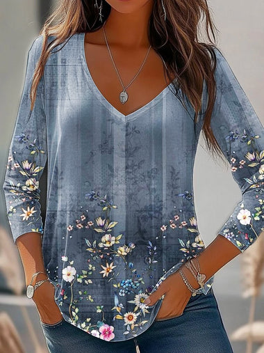 Long Sleeve V Neck Floral Casual Regular Blouse