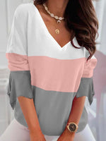 Loose Three Quarter Sleeve V Neck Color Block Casual Regular T-Shirt