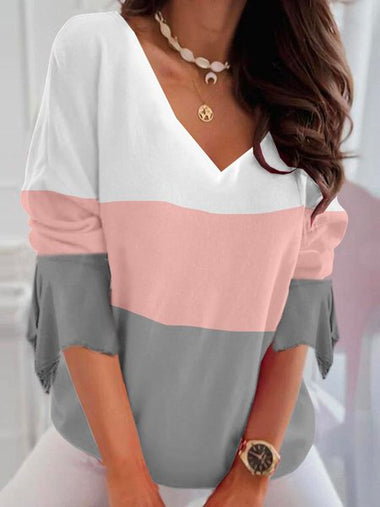 Loose Three Quarter Sleeve V Neck Color Block Casual Regular T-Shirt