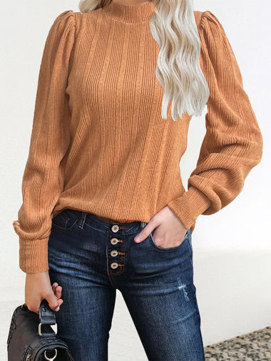 Loose Long Sleeve Mock Neck Plain Casual Regular Blouse