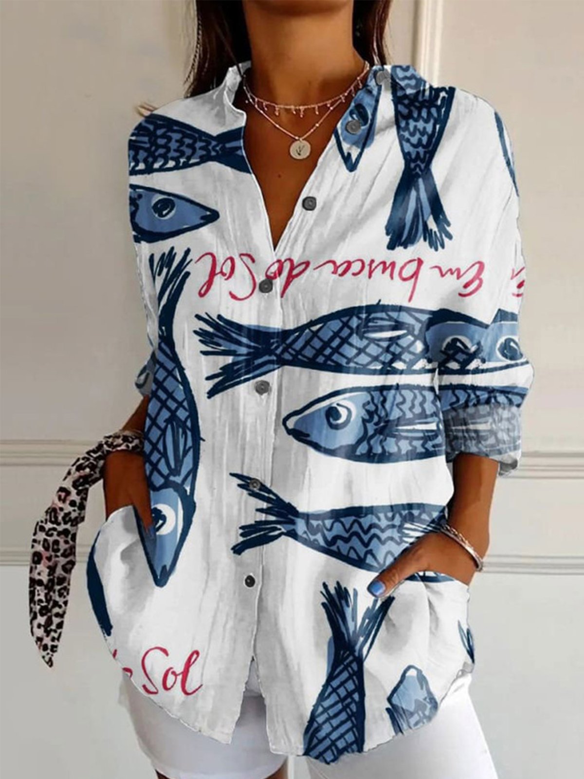 Casual Long Sleeve Shirt Collar Ethnic Floral Loose Regular Shirt