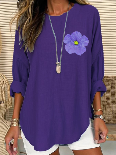 Loose Long Sleeve Crew Neck Floral Casual Regular Blouse