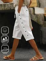 Casual Plain Buckle Pocket Stitching Loose Capris Pants
