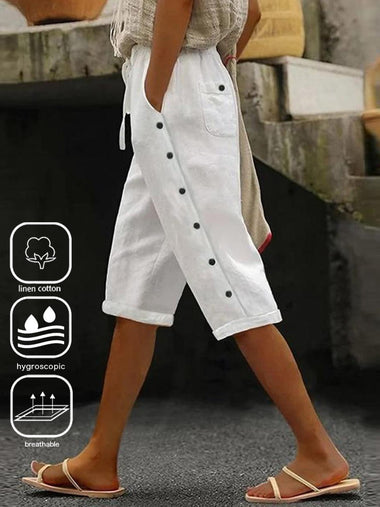 Casual Plain Buckle Pocket Stitching Loose Capris Pants