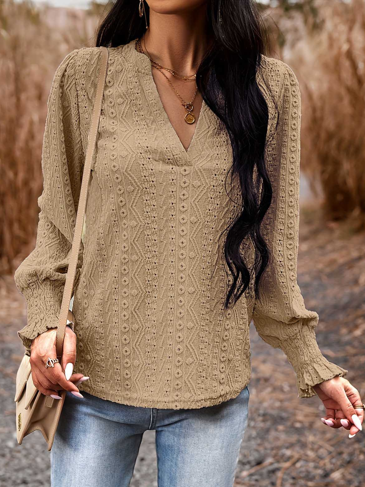 Casual Long Sleeve Notched Plain Loose Regular Blouse