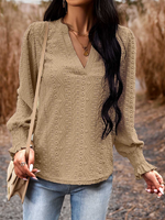 Casual Long Sleeve Notched Plain Loose Regular Blouse