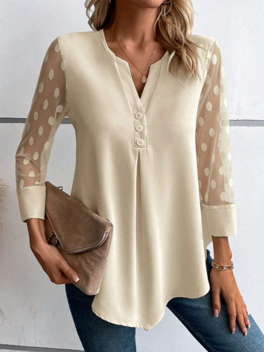 Casual Long Sleeve Notched Plain Loose Regular Blouse