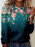 Loose Long Sleeve Crew Neck Floral Casual Regular T-Shirt