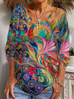 Loose Long Sleeve V Neck Abstract Casual Regular T-Shirt