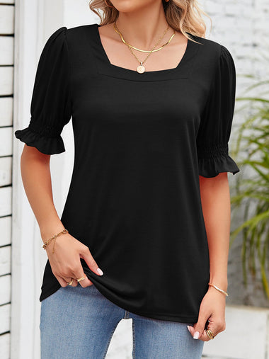 Loose Short Sleeve Square Neck Plain Casual Regular Blouse