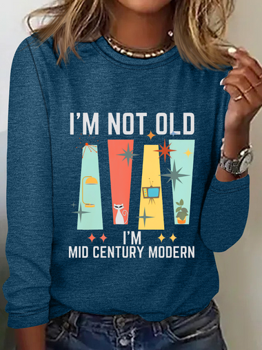 Loose Long Sleeve Crew Neck Text Letters Casual Regular Blouse