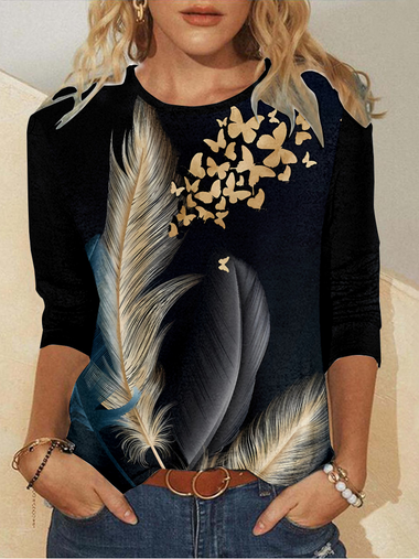 Loose Long Sleeve Crew Neck Butterfly Casual Regular T-Shirt