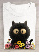 Casual Short Sleeve Crew Neck Cat Floral Loose Regular T-Shirt
