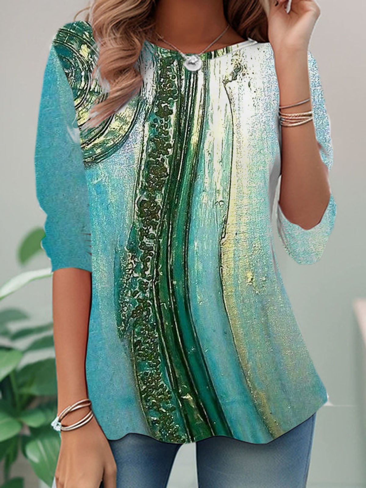 Casual Long Sleeve Crew Neck Abstract Loose Regular T-Shirt