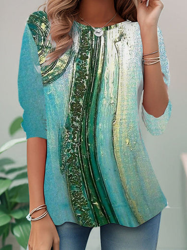 Casual Long Sleeve Crew Neck Abstract Loose Regular T-Shirt