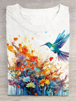 Casual Short Sleeve Crew Neck Floral Bird Loose Regular T-Shirt