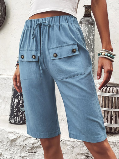 Casual Plain Pocket Stitching Loose Fifth Pants
