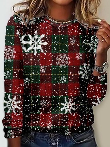 Loose Long Sleeve Crew Neck Christmas Casual Regular T-Shirt