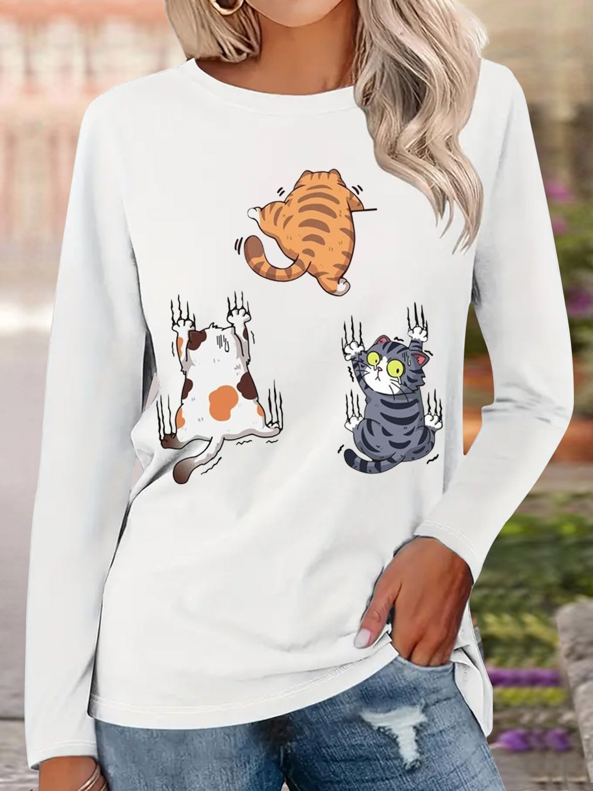 Casual Long Sleeve Crew Neck Animal Loose Regular T-Shirt
