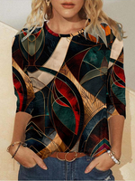 Casual Long Sleeve Crew Neck Geometric Loose Regular T-Shirt