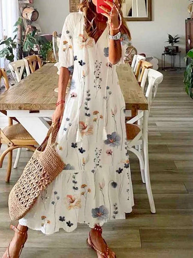 Casual Three Quarter Sleeve V Neck Floral Maxi Dress
