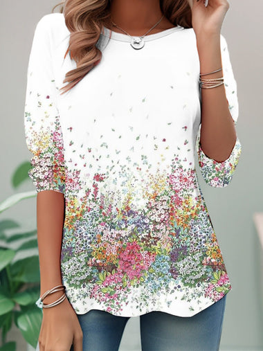 Casual Long Sleeve Crew Neck Geometric Floral Loose Regular Blouse