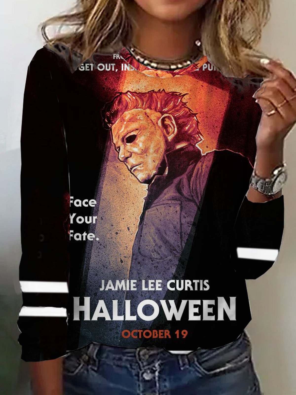 Loose Long Sleeve Crew Neck Figure Casual Regular T-Shirt