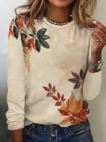 Loose Long Sleeve Crew Neck Maple Leaf Casual Regular T-Shirt