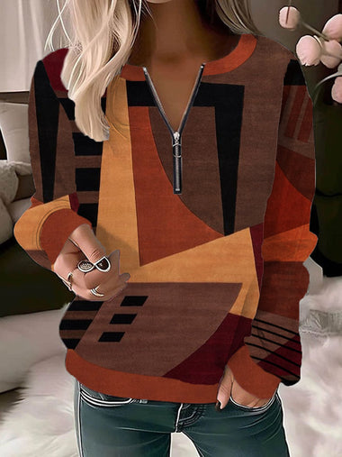Loose Long Sleeve Crew Neck Colorblock Casual Regular Sweatshirt