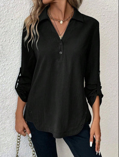 Casual Long Sleeve Notched Plain Loose Mid-Long Blouse
