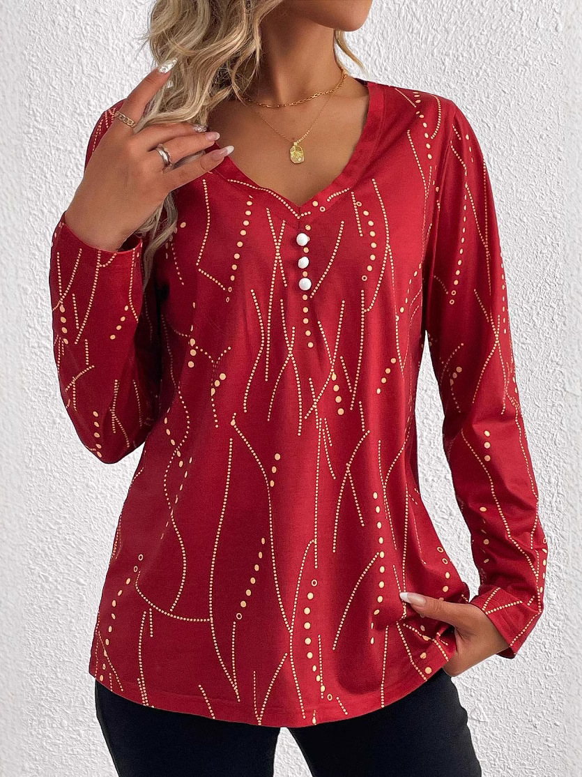 Loose Long Sleeve V Neck Geometric Casual Regular T-Shirt