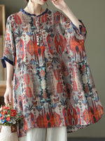 Casual Half Sleeve Crew Neck Botanical Pattern Loose Regular Blouse