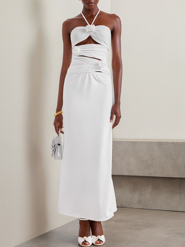 Elegant Sleeveless Halter Plain Ruched Maxi Dress