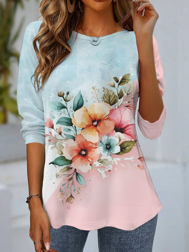 Casual Long Sleeve Crew Neck Floral Loose Regular T-Shirt