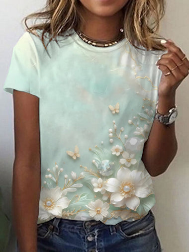 Loose Long Sleeve V Neck Floral Casual Regular T-Shirt
