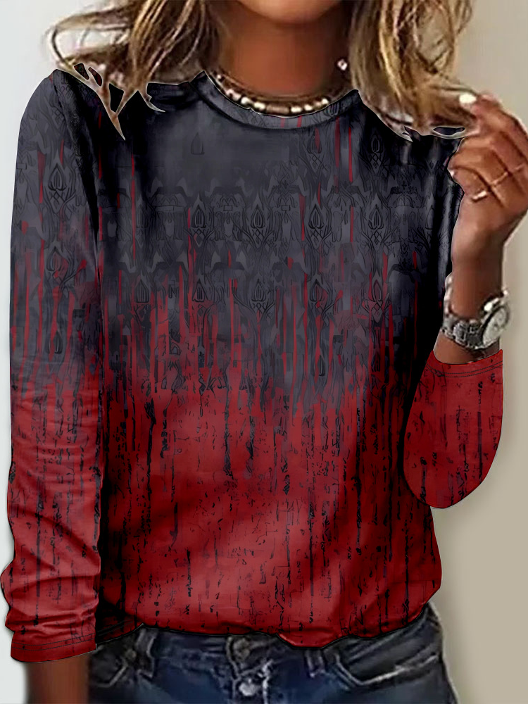 Casual Long Sleeve Crew Neck Ethnic Loose Regular T-Shirt