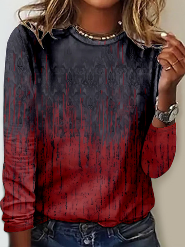 Casual Long Sleeve Crew Neck Ethnic Loose Regular T-Shirt