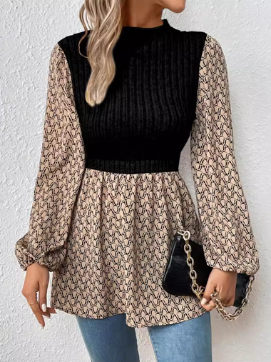 Long Sleeve Crew Neck Geometric Casual Regular Blouse