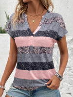 Casual Short Sleeve V Neck Striped Loose Regular T-Shirt