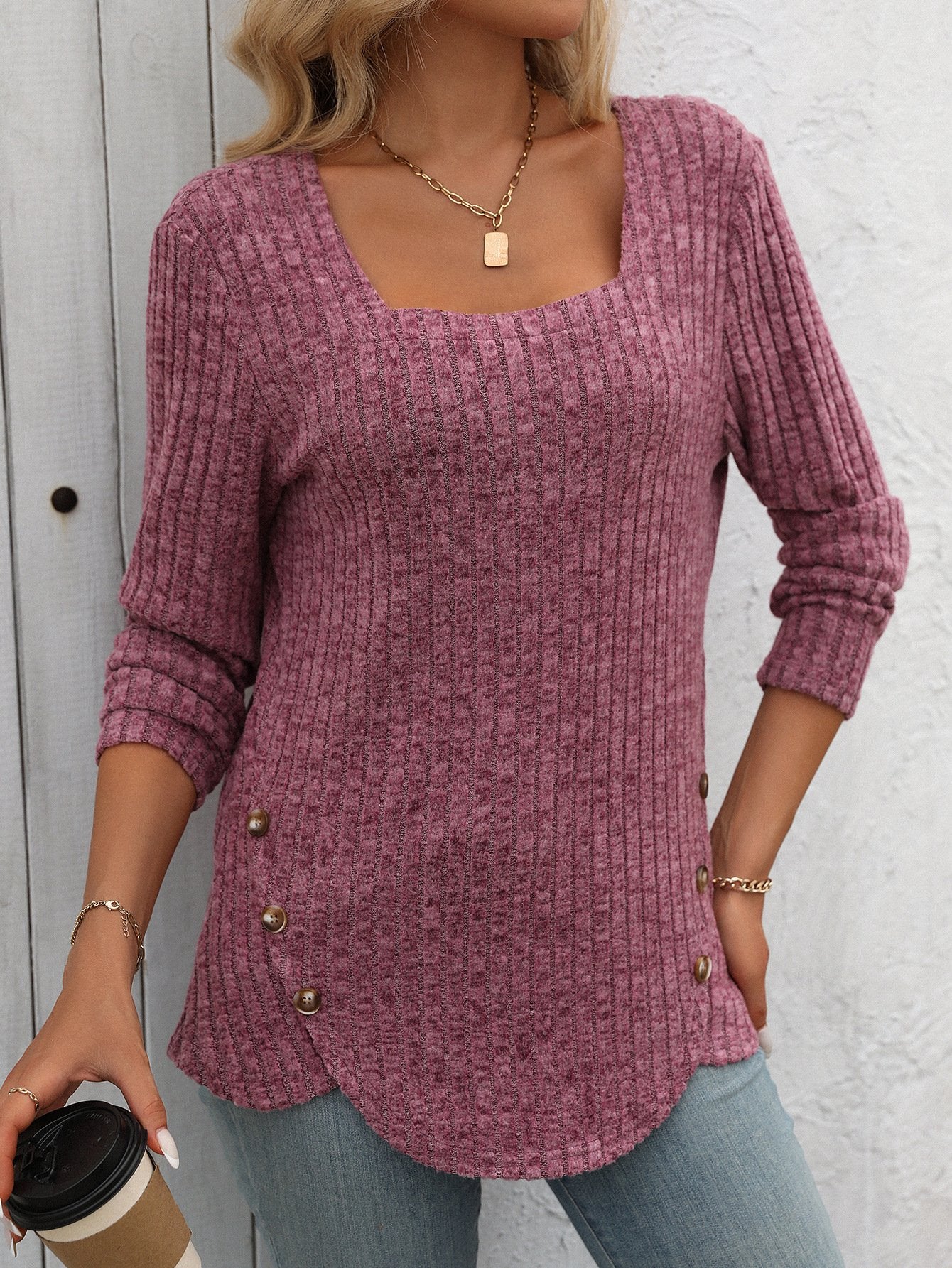 Loose Long Sleeve Crew Neck Plain Casual Regular Blouse