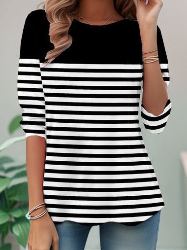 Casual Long Sleeve Crew Neck Striped Loose Regular Blouse