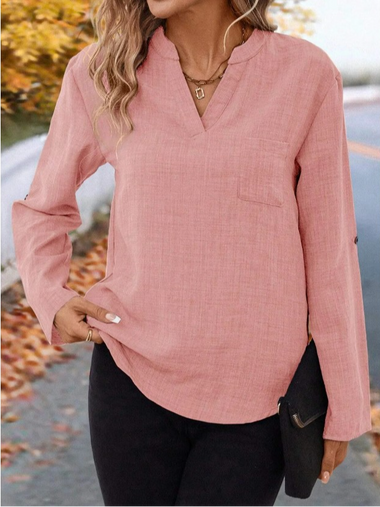 Casual Long Sleeve Notched Plain Regular Blouse