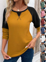 Loose Long Sleeve Crew Neck Color Block Casual Regular Blouse