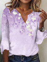 Loose Three Quarter Sleeve Notched Floral Casual Regular T-Shirt