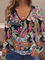 Loose Long Sleeve V Neck Ethnic Casual Regular T-Shirt