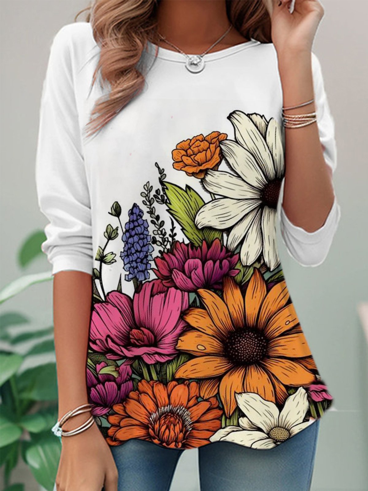 Loose Long Sleeve Crew Neck Floral Casual Regular T-Shirt