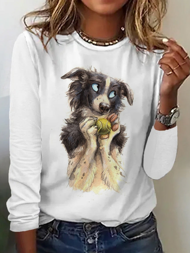 Casual Long Sleeve Crew Neck Dog Loose Regular T-Shirt